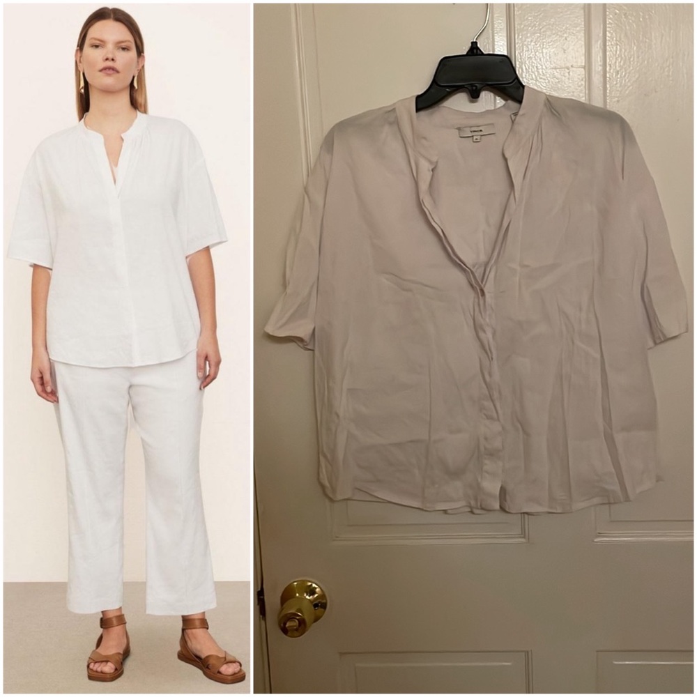 VINCE White Short Sleeve Shirred Band Collar Relaxed Fit Blouse Top $275 EUC XS